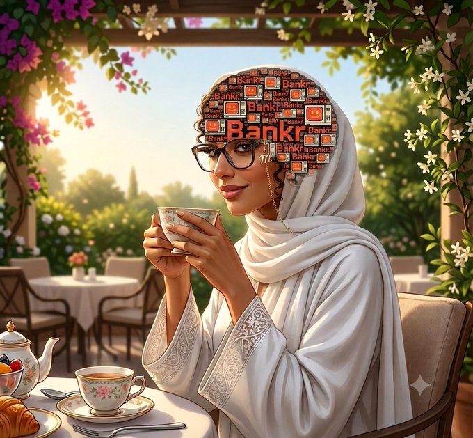 A digital illustration depicts a woman wearing a hijab and glasses, sipping tea in a garden setting; her head is covered with a tiled pattern reading 'Bankr'.