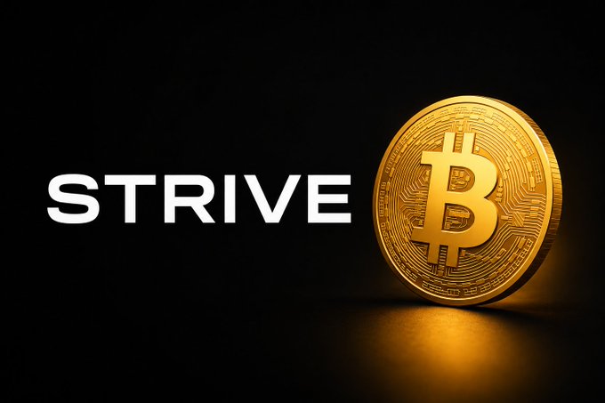 A dark image featuring a gold Bitcoin coin next to the white text 'STRIVE'.