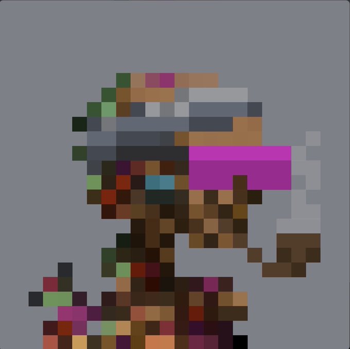 A heavily pixelated image shows a humanoid figure with dark hair, purple accents, and a robotic or mechanical arm on a gray background.