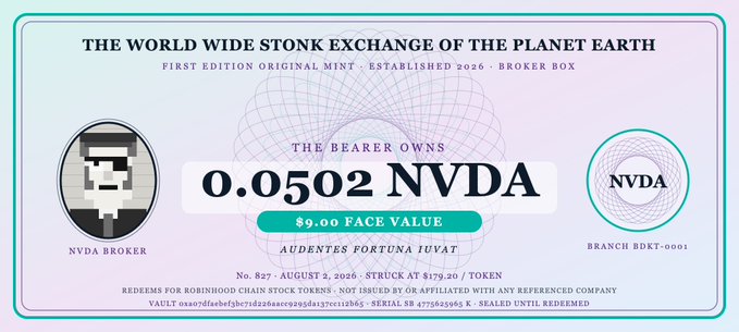 A digital certificate from "The World Wide Stonk Exchange of the Planet Earth" (Broker Box No. 827, dated August 1, 2026) showing the bearer owns 0.0502 NVDA tokens at a $9.00 face value, illustrating the email-based token transfer feature that lets users send tokenized NVDA shares to recipients for claim without requiring a wallet.