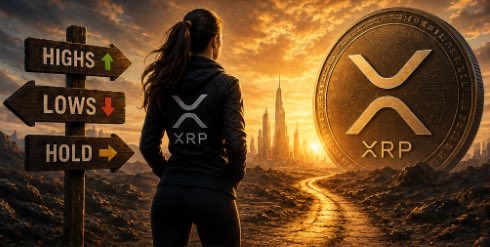 A digital illustration showing a woman with 'XRP' on her jacket facing a signpost with 'HIGHS', 'LOWS', and 'HOLD' arrows, standing before a giant XRP coin in a desert landscape.