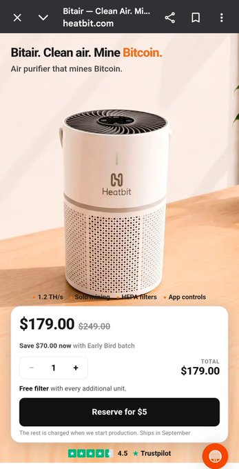 A product page for the HeatBit BitAir air purifier that mines Bitcoin, priced at $179.00 (down from $249.00), showing a white cylindrical device with a "Reserve for $5" button and a 4.5 Trustpilot rating. The image directly relates to the post by displaying the retail price and reservation details for the Bitcoin-mining air purifier being resold.