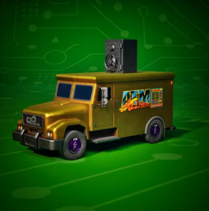 A 3D-rendered gold armored truck with "ATM" and "All The Money" graphics on its side carries a giant speaker/safe on its roof, symbolizing the abundance of "All The Money (ATM)" and diamond hands delivered to @ATM_xrpl holders via a free mint in the XRP Ledger community.