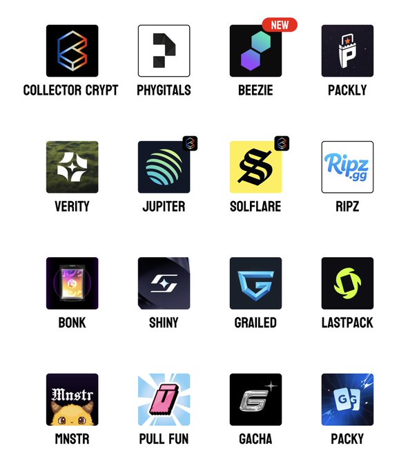 A 4x4 grid showcases 16 TCG (Trading Card Game) platform logos on Solana, including Collector Crypt, Phygitals, Beezie (marked NEW), Packly, Verity, Jupiter, Solflare, Ripz, Bonk, Shiny, Grailed, Lastpack, Mnstr, Pull Fun, Gacha, and Packy. The image visually supports the post's message about TCG platforms emerging as a new meta on Solana, highlighting Beezie as the newest addition with its unique burn-to-pull mechanics.