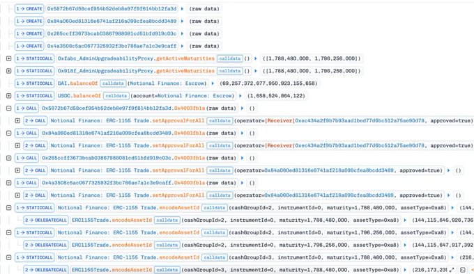 This image displays a sequence of blockchain transactions and smart contract calls on Notional Finance (ERC-1155), showing STATICCALL entries referencing calldata such as "Notional_AdminUpgradeabilityProxy_getActiveMaturities" returning values of [[1,788,400,000], [1,796,256,000]], "DAI_balanceOf" querying approximately 60 billion tokens, "USDC_balanceOf" querying approximately 1.65 billion tokens, and multiple "Notional Finance: ERC-1155 Trade_setApprovalForAll" and "encodeAssetId" calls—representing the technical attack flow that exploited the lending protocol on September 4, 2026, resulting in the ~$1.73 million loss analyzed by SlowMist.