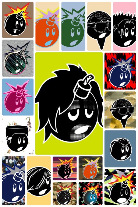 A collage of various stylized bomb character illustrations with faces and limbs, featuring different color schemes and designs including a central character on a bright green background.