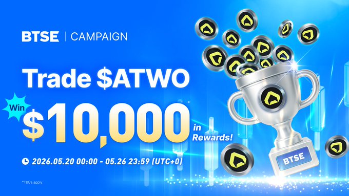 The image features a poster for an event related to the Trade Campaign at BTSE. The poster has a blue background with gold text, which reads "Trade $ATWO to Qualify. Ends May 26, 23:59 (UTC+0) Ending soon. Lock in your rewards btse.com/en/events/atwo @arenatwoX #BTSECampaign". The poster also includes a silver trophy with gold and black accents that is filled with yellow balls, symbolizing the Trade Campaign's reward system for qualified participants.