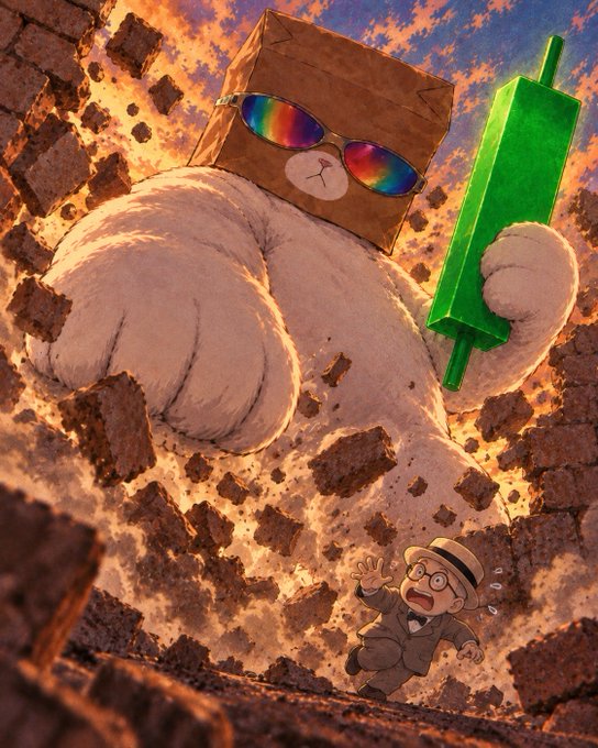 An anime-style illustration featuring a giant white teddy bear with a cardboard box on its head wearing rainbow sunglasses and holding a green bar, while a small boy in a suit runs away in fear amid a scene of crumbling bricks and dust.