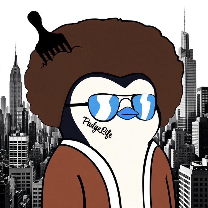 A cartoon penguin with an afro, sunglasses, and a brown coat, with 'PudgeLife' text, set against a grayscale New York City skyline.