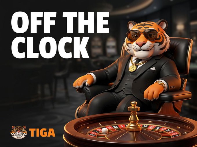 An advertisement for TIGA features a 3D cartoon tiger in a black suit, sunglasses, and gold jewelry sitting in a chair behind a roulette wheel, with the text 'OFF THE CLOCK' and the TIGA logo.