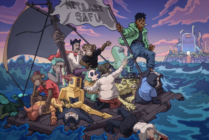 An illustration parodying Hokusai's 'Great Wave' featuring Bored Ape Yacht Club NFT characters on a raft with a banner reading 'NFTS ARE SAFU' amidst stormy seas, with a 'GMANA' tower visible in the background.