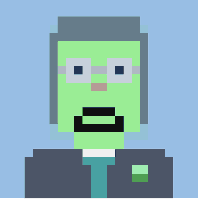 A pixel art portrait of a green-skinned, bespectacled figure wearing a suit with a teal tie, serving as a new profile picture to mark ownership of the @realstonkbroker NFT.