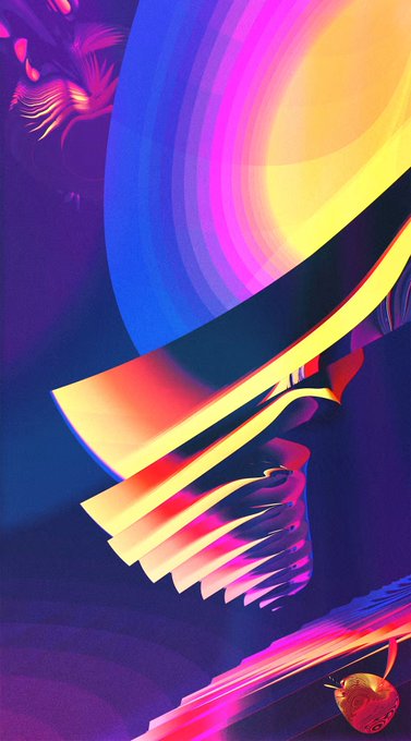 A vibrant abstract digital artwork featuring bold geometric shapes in neon pink, blue, yellow, and purple hues, with the artist referencing their early CryptoArt days and past 1/1 NFT minting on SuperRare's contract. The image showcases the colorful, futuristic aesthetic typical of crypto art from that era.