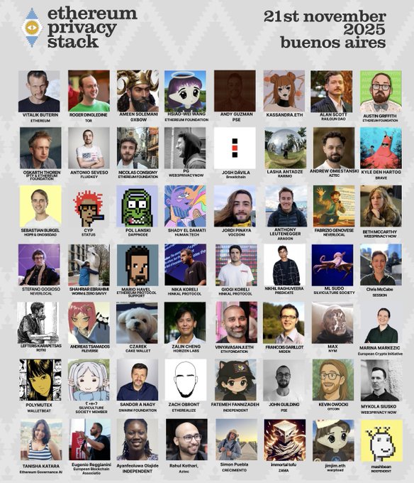 A poster for the 'ethereum privacy stack' event on 21st November 2025 in Buenos Aires, featuring a grid of headshots and avatars of numerous speakers with their names and affiliations like Vitalik Buterin (Ethereum), Hudson River Joe (Ethereum Foundation), and Josh Dávila (Breakthrough).