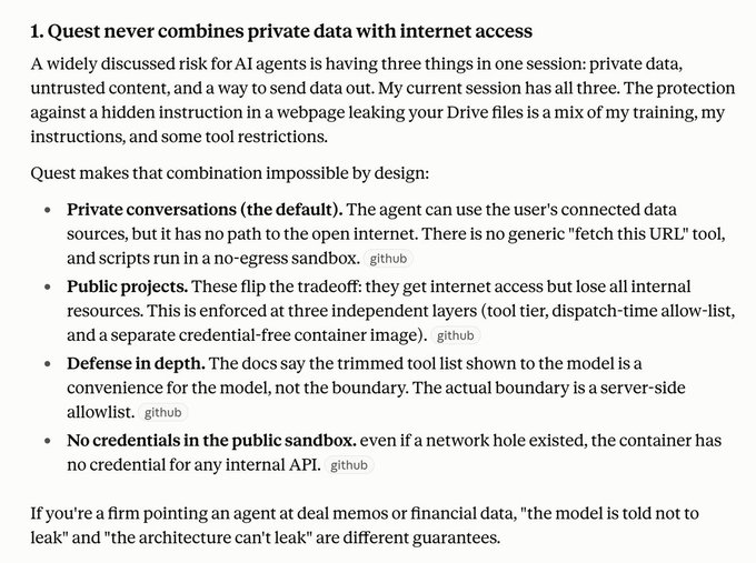 A text document outlining '1. Quest never combines private data with internet access,' explaining the security design of AI agents with bullet points covering private conversations, public projects, defense in depth, and no credentials in the public sandbox.