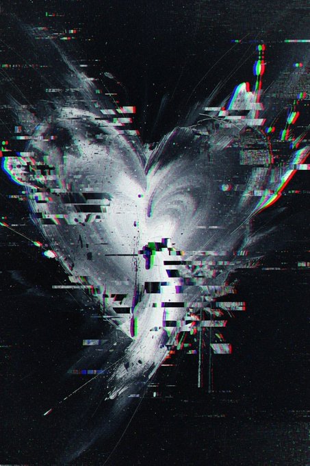 A dark, glitch-art style digital image depicting an abstract, fragmented heart or angel shape with static distortion effects.