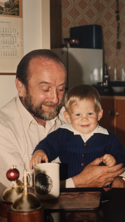 A vintage photograph shows a bearded older man in a white shirt affectionately holding a smiling toddler wearing a navy blue knitted cardigan, with a coffee mug and brass containers on the table in front of them.