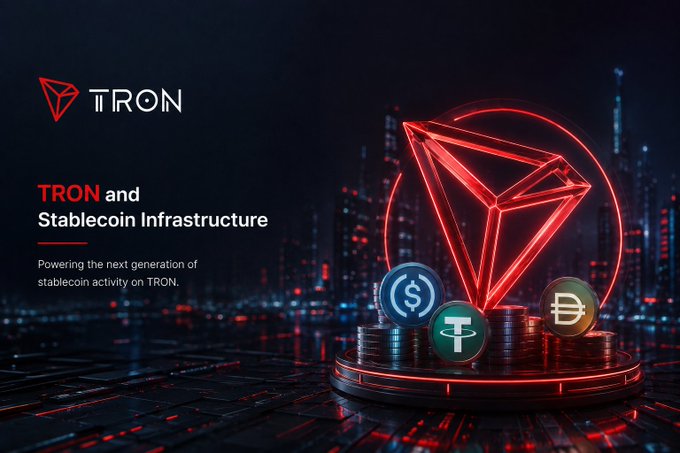 A stylized promotional graphic featuring the TRON logo and tagline "TRON and Stablecoin Infrastructure — Powering the next generation of stablecoin activity on TRON," set against a futuristic neon-lit cityscape with stacked crypto coins and a glowing red TRON emblem, visually reinforcing the message that TRON is a leading network for stablecoin transactions.