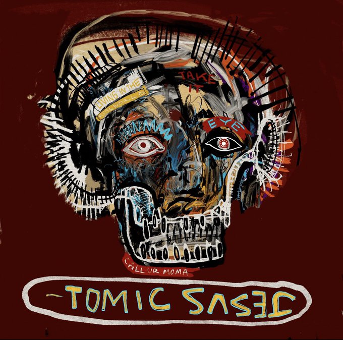 A neo-expressionist style painting of a skull-like face with mismatched eyes, filled with chaotic text and symbols, and a banner at the bottom reading '-TOMIC SASED' on a dark red background.