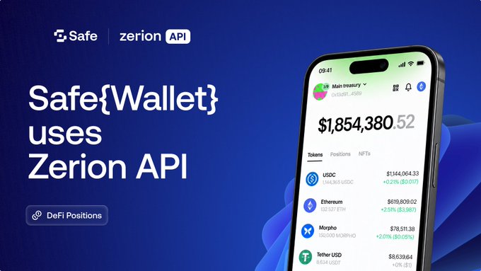 A promotional graphic stating 'Safe{Wallet} uses Zerion API' showing a smartphone displaying a crypto wallet with a main treasury balance of $1,854,380.52 and various token holdings including USDC, Ethereum, Morpho, and Tether USD.