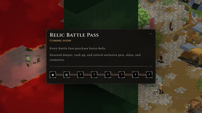 A game screenshot showing a 'Relic Battle Pass' pop-up window with the text 'Coming soon', stating 'Every Battle Pass purchase burns Relic,' set against a medieval village backdrop with a red lava-filled area.
