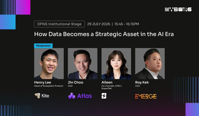 A promotional slide for the MBW event on 29 July 2026 featuring a panel discussion titled 'How Data Becomes a Strategic Asset in the AI Era' with moderator Henry Lee (Kite) and speakers Jin Choo (Atlas), Aileen (SuperNet), and Roy Kek (Emerge).