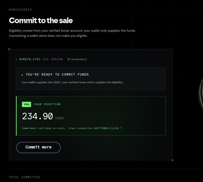 A dark-themed webpage interface shows a 'Commit to the sale' section with a USDC commitment of 234.90 displayed under 'YOUR POSITION'.