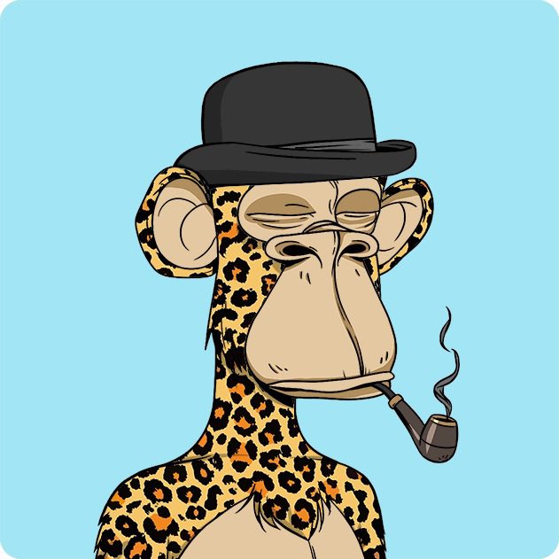 A cartoon illustration of a leopard-print Bored Ape-style character wearing a black bowler hat and smoking a pipe against a light blue background.