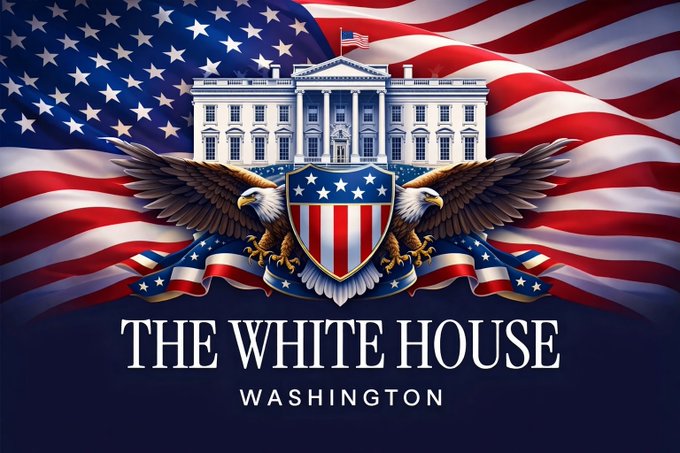 A patriotic graphic featuring the White House and an American bald eagle emblem against a waving U.S. flag, with the text "THE WHITE HOUSE — WASHINGTON" displayed prominently. The image ties to the post by setting the stage for President Trump's planned prime time national address and Senate meeting on the Clarity Act.