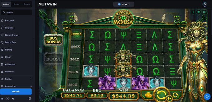A screenshot of an online casino game 'Eyes of Medusa' on the METAWIN platform, displaying reels with Greek letters, a Medusa character, and a balance of $245.71.