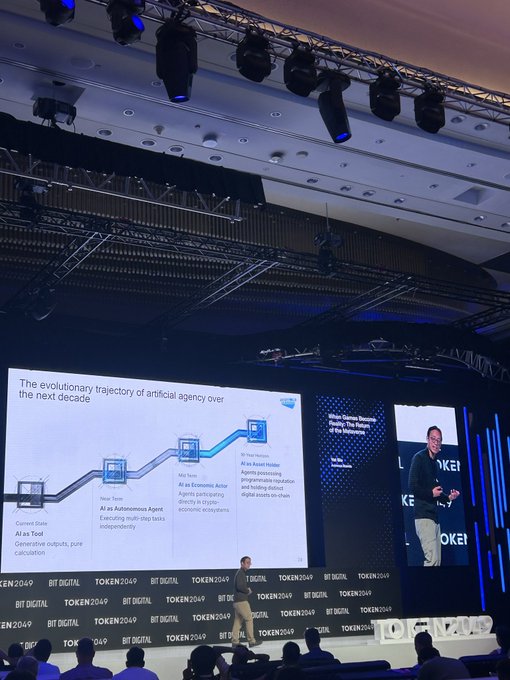A speaker presents on stage at the TOKEN2049 conference, with a slide titled 'The evolutionary trajectory of artificial agency over the next decade' showing the progression from AI as a Tool to AI as an Economic Actor, displayed on a large screen.