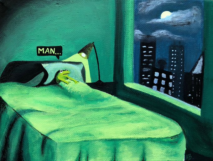 A whimsical painting in green tones shows a figure in bed next to a lamp with a small green frog, with a speech bubble reading 'MAN...', while a window reveals a nighttime cityscape with a full moon.