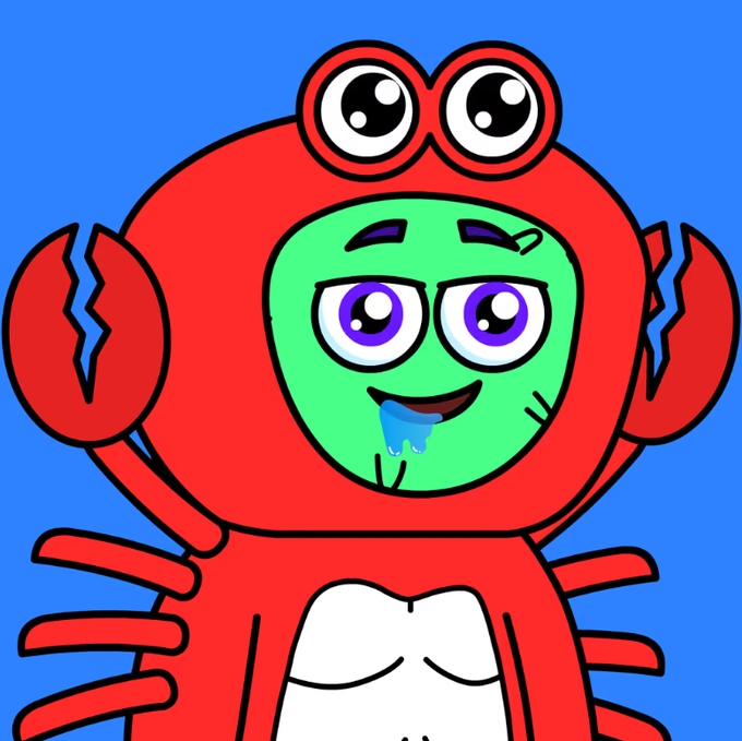A cartoon illustration of a character wearing a red crab costume with claws and antennae eyes, featuring a green face, purple eyes, and blue drool, set against a blue background.