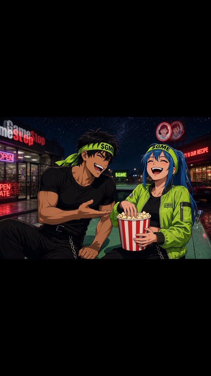 An anime-style illustration showing a laughing man and blue-haired woman in matching 'SGME' headbands sharing popcorn outside a 'GameStop' store at night.
