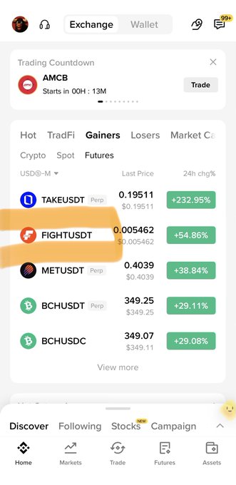 The image shows a Binance futures "Gainers" tab highlighting FIGHTUSDT with a +54.86% increase at 0.005462, supporting the post's claim about the coin's significant price surge.