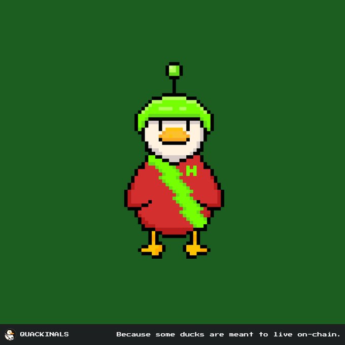 A pixel art duck character in a red outfit with a green helmet and sash stands on a green background, with text reading 'QUACKINALS' and 'Because some ducks are meant to live on-chain.'