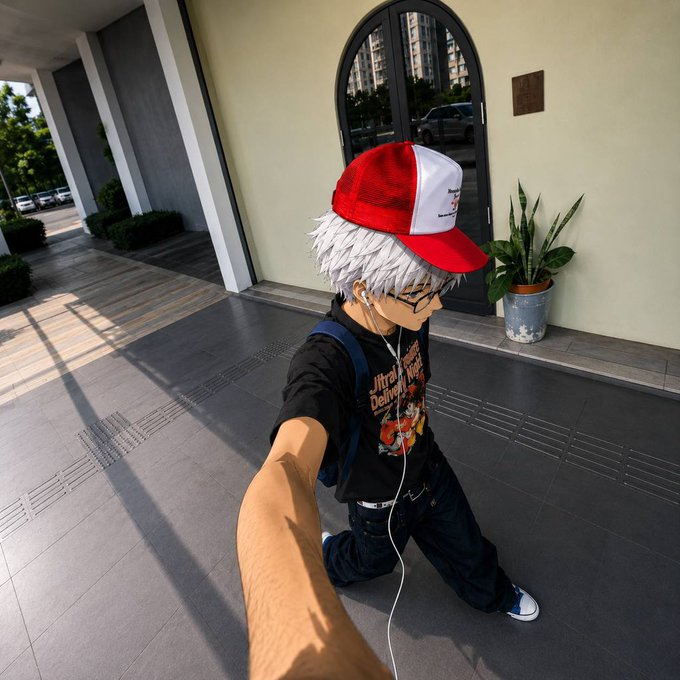 A selfie-style cosplay photo of a person dressed as an anime character with silver hair, a red and white trucker hat, glasses, a black graphic t-shirt, and earphones, posing outside a building.