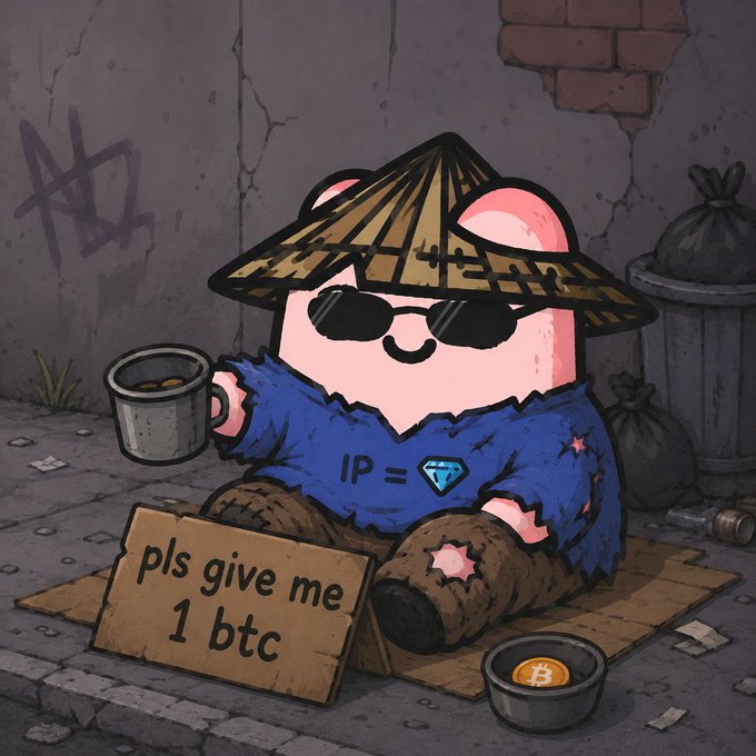 A cartoon pink character wearing a conical straw hat, sunglasses, and a blue shirt with "IP = [diamond]" sitting on the street with a cardboard sign reading "pls give me 1 btc" next to a cup holding a Bitcoin.