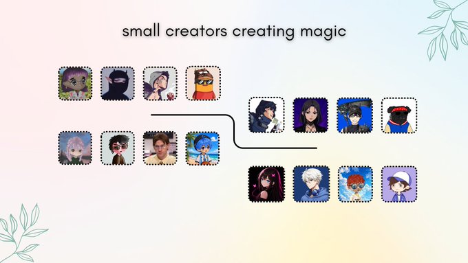The image features a poster with various cartoon characters arranged in rows, each representing a small creator who has created magic. The characters include a person wearing a hat, another person wearing sunglasses, and others dressed in different outfits. The poster also includes text that reads "Small creators creating magic" and "12 small creators".