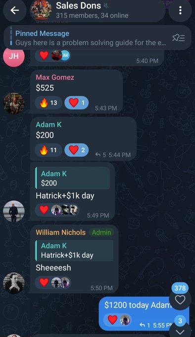 A Telegram group chat screenshot titled "Sales Dons" showing members celebrating multiple $1k+ sales days, including Adam K hitting "$200" and "Hatrick+$1k day," with a final message highlighting "$1200 today Adam." The image reinforces the post's pride in the team's UK members achieving tax-free $1k+ days.