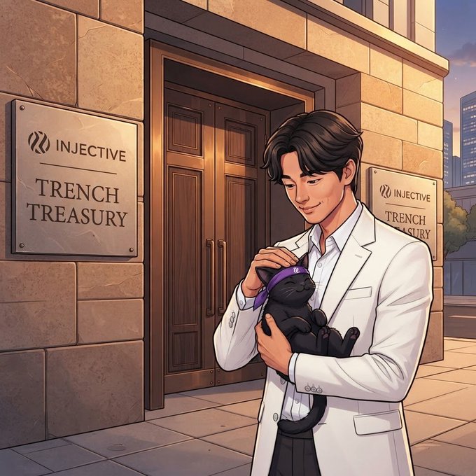 An anime-style illustration of a man in a white suit holding a black cat with a purple bandana, standing in front of the 'INJECTIVE TRENCH TREASURY' building.