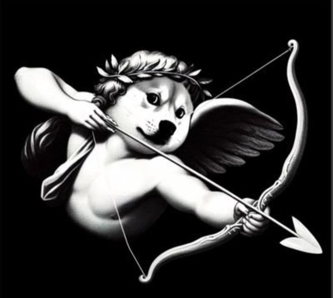 A black and white illustration of a cherub-like figure with a lion's face, holding a bow and arrow.