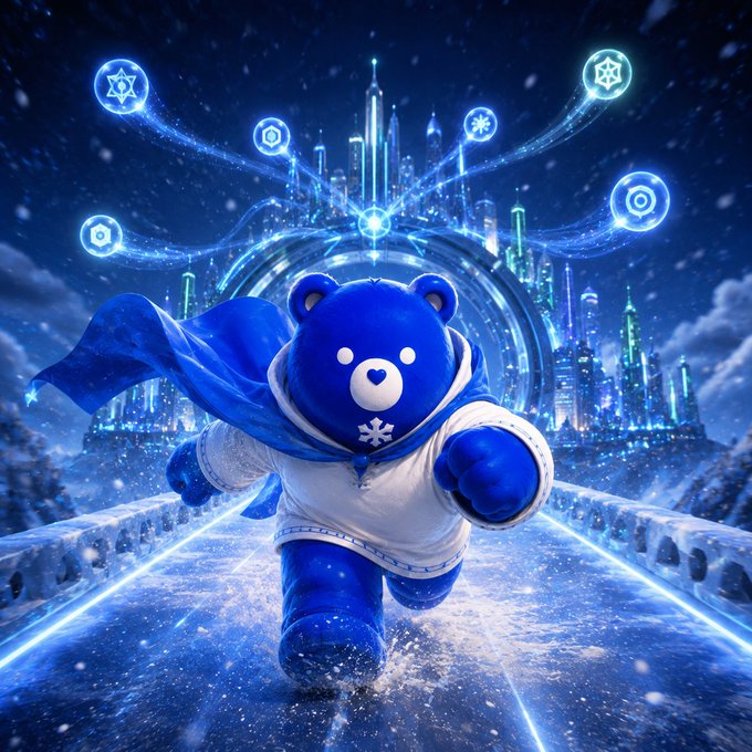 A stylized digital artwork featuring a blue bear character wearing a superhero cape and a hoodie with a snowflake symbol, running through a glowing icy landscape with a futuristic blue city and glowing symbols in the background.