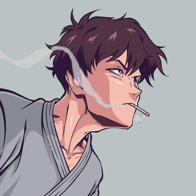 An anime-style illustration of a young man with dark messy hair, sharp features, and a cigarette dangling from his lips, with smoke curling around his face as he gazes to the side. The moody, fatigued aesthetic reflects the exhaustion described in the post about completing Day 173 of daily Bosu NFT posts after a tiring day of travel.