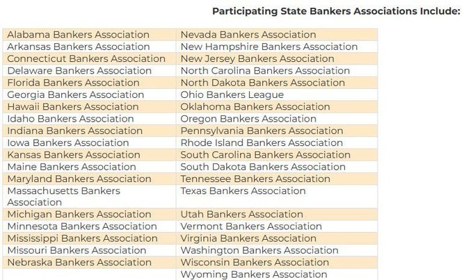The image displays a two-column list titled "Participating State Bankers Associations Include:" featuring 45 state-level banking associations from across the U.S., such as Alabama, New York, Texas, and California-equivalent entries like Ohio Bankers League.

The list supports the post's claim by showcasing the widespread geographic participation of state bankers associations, suggesting broad adoption of "POR" (likely Proof of Reserves or a similar banking concept) among banking institutions nationwide.