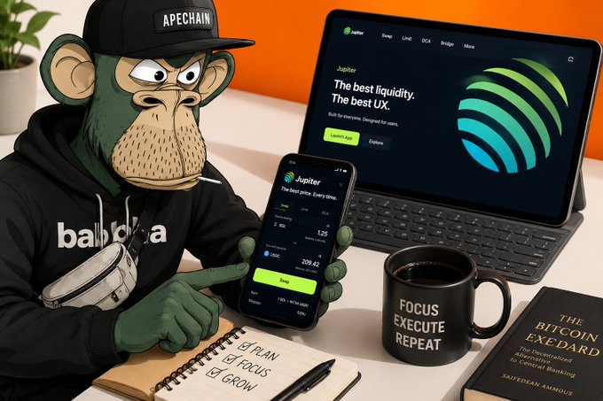 A digital illustration of an anthropomorphic ape character wearing an 'APECHAIN' cap and 'babbta' hoodie, working at a desk with a laptop and phone displaying the Jupiter exchange, alongside a 'FOCUS EXECUTE REPEAT' coffee mug and 'THE BITCOIN EXEDARD' book.