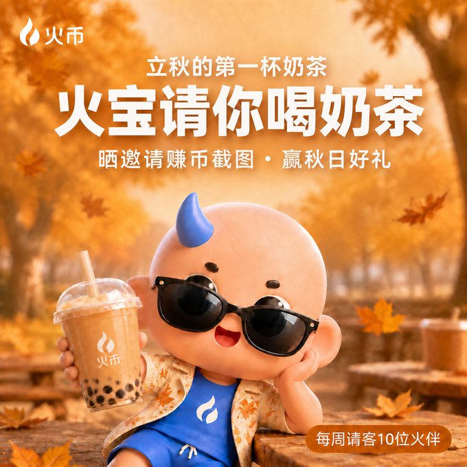 A 3D cartoon mascot with a blue flame tuft, wearing sunglasses and holding a bubble tea cup with the "火币" (Huobi) logo, sits in an autumn forest setting. The image features Chinese text promoting "立秋的第一杯奶茶 火宝请你喝奶茶" (Autumn's first cup of milk tea, Huobao treats you), encouraging users to share screenshots of Huobi invites to earn rewards, with "每周请客10位火伴" (10 Huobi friends treated weekly) noted at the bottom right.