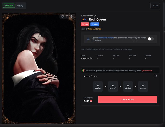 An NFT auction page for an artwork titled "Red Queen" by Noxpaintin..., featuring a portrait of a dark-haired woman with red string on her hands, quoting Victor Hugo, with a countdown timer and "Cancel Auction" button visible.