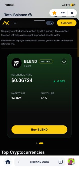 A mobile screenshot of useaex.com showing a crypto asset card for 'BLEND' with a reference price of $0.06724, market cap of 13.45M, and 24H volume of 6.1K.