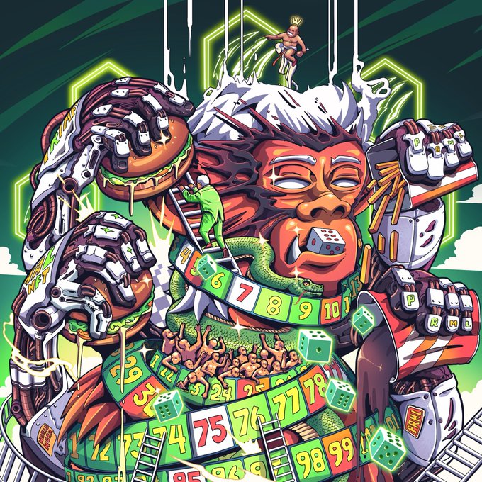 A vibrant, chaotic digital illustration features a large demonic face surrounded by robotic hands holding hamburgers and fries, a board game snake with numbers, and small human figures.